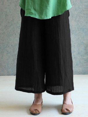 Celmia M-4XL Womens Solid Color Cotton Linen Wide Leg Pants