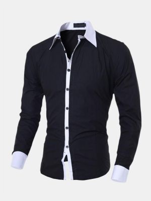 Mens Fashion Cotton Solid Color Long Sleeve Casual Shirts